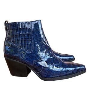 Sam Edelman Winona Boots Womens 8 Blue Croc Embossed Patent Leather Western Heel
